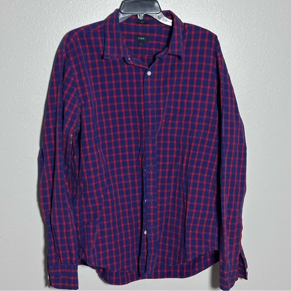J. Crew Men Slim Fit‎ Button Down Navy/Red Plaid Casual Shirt size XL